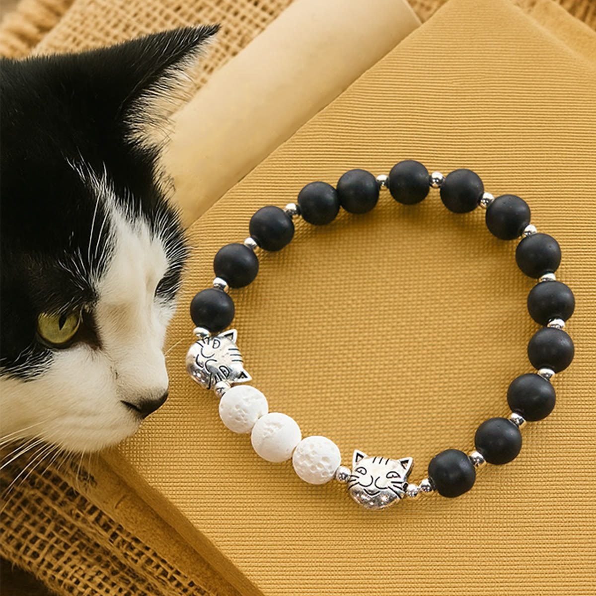 Matte Black and White Lava Stone with Cow Cat Blessing Animal Bracelet