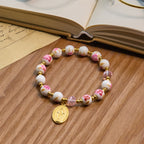 Elegant 8mm Flower Pattern Pink Ceramic Bracelet with Miraculous Medal