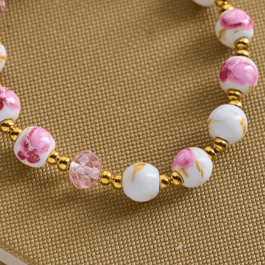 Elegant 8mm Flower Pattern Pink Ceramic Bracelet with Miraculous Medal