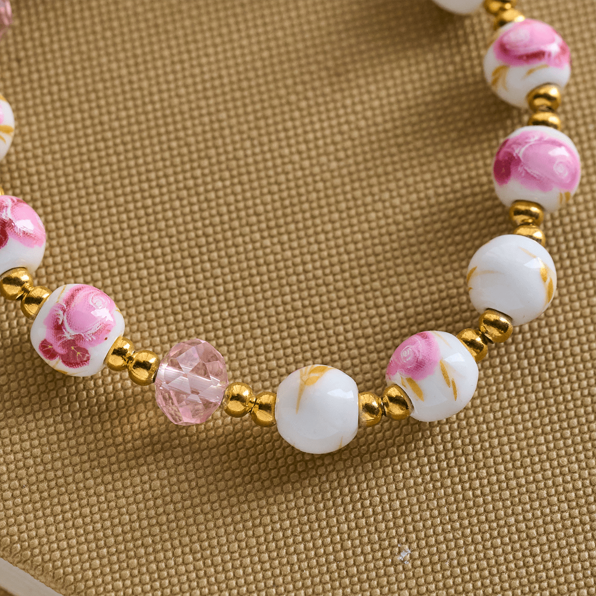 Elegant 8mm Flower Pattern Pink Ceramic Bracelet with Miraculous Medal