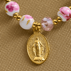 Elegant 8mm Flower Pattern Pink Ceramic Bracelet with Miraculous Medal