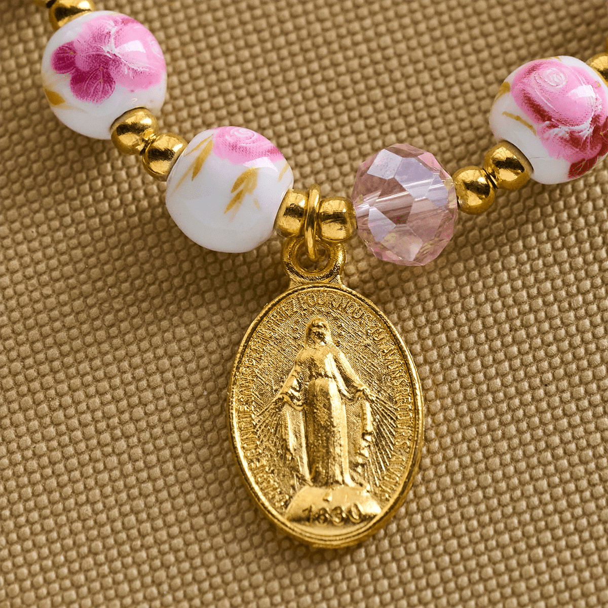 Elegant 8mm Flower Pattern Pink Ceramic Bracelet with Miraculous Medal