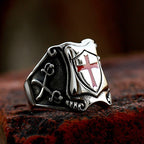 Medieval Style Red Cross Shield Ring with Knightly Design and Engraved Details