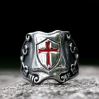 Medieval Style Red Cross Shield Ring with Knightly Design and Engraved Details