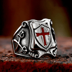 Medieval Style Red Cross Shield Ring with Knightly Design and Engraved Details
