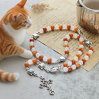 Orange & White Quartz with Cat Face Stainless Steel Charms of Orange Tabby Bracelet, Animal Rosary