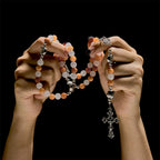 Orange & White Quartz with Cat Face Stainless Steel Charms of Orange Tabby Bracelet, Animal Rosary