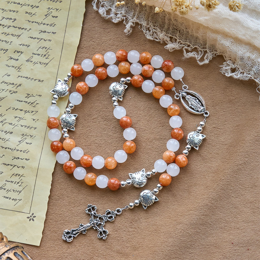 Orange & White Quartz with Cat Face Stainless Steel Charms of Orange Tabby Bracelet, Animal Rosary