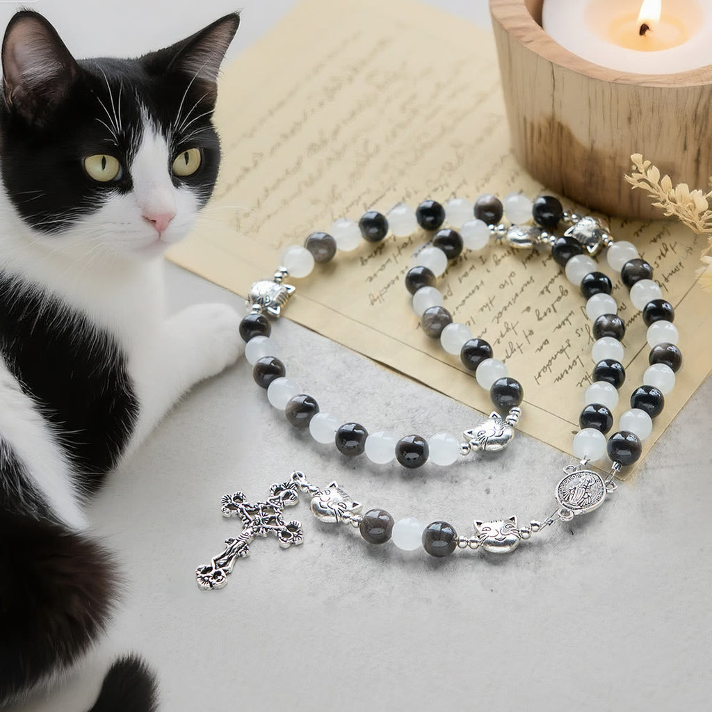Our Lady's Blessing with Black & White Cow Cat Beads Bracelet, Animal Rosary