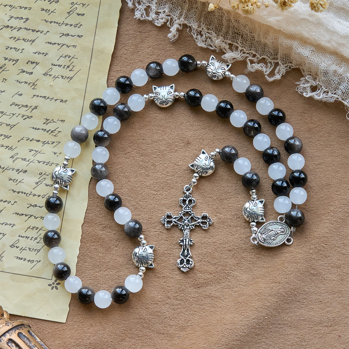 Our Lady's Blessing with Black & White Cow Cat Beads Bracelet, Animal Rosary