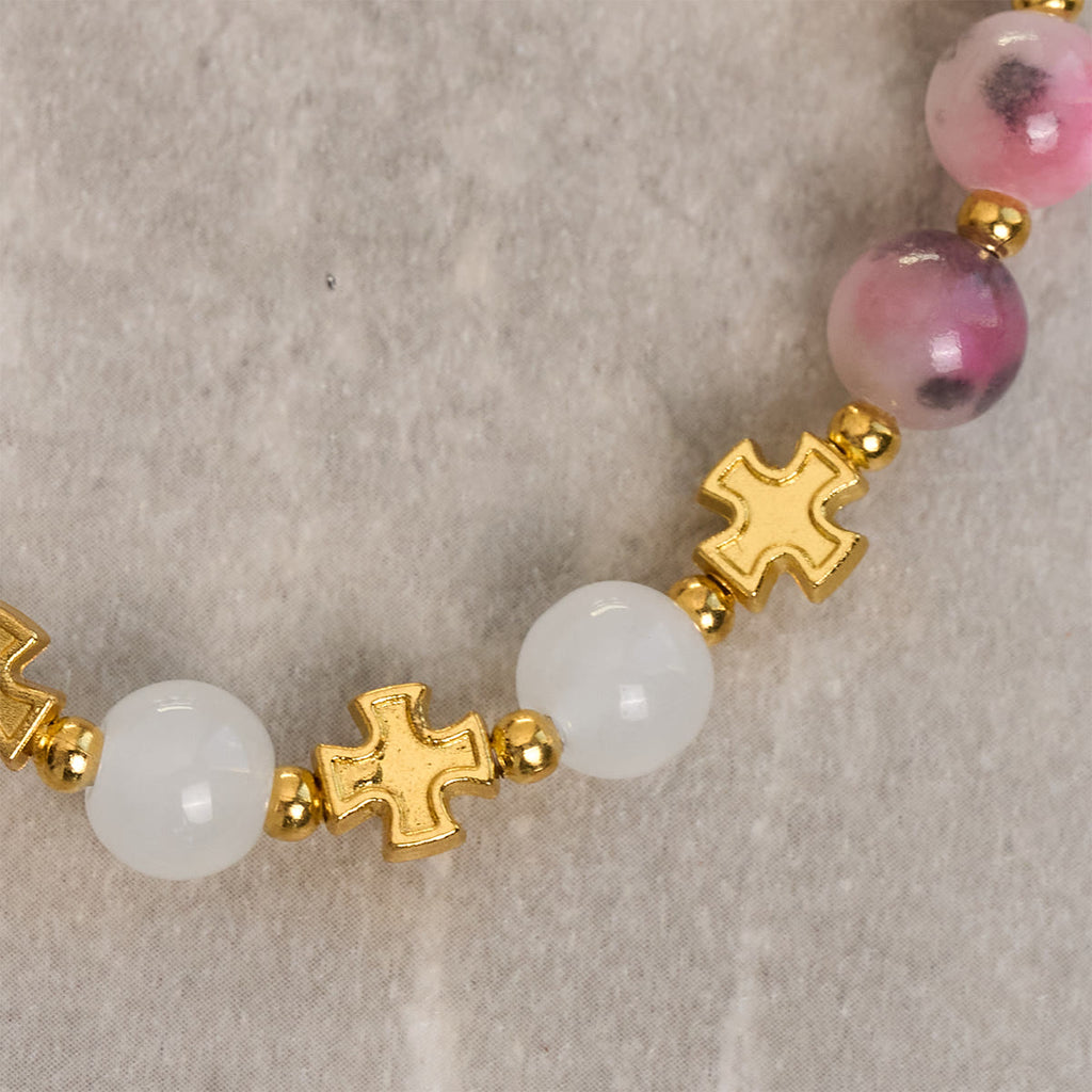 Graceful 8mm Persian Pink & Black Jade Beads Bracelet with Ancient Cross