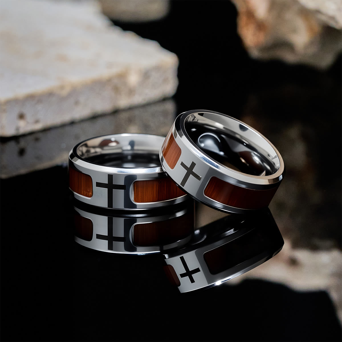 Modern Sleek Cross Ring with Wooden Detail: Faith Rooted in Nature