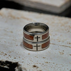 Modern Sleek Cross Ring with Wooden Detail: Faith Rooted in Nature