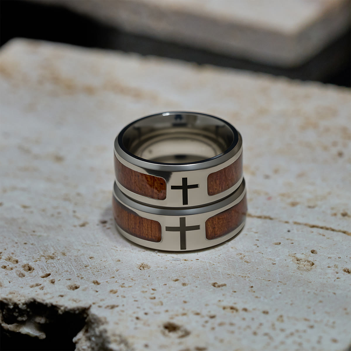 Modern Sleek Cross Ring with Wooden Detail: Faith Rooted in Nature