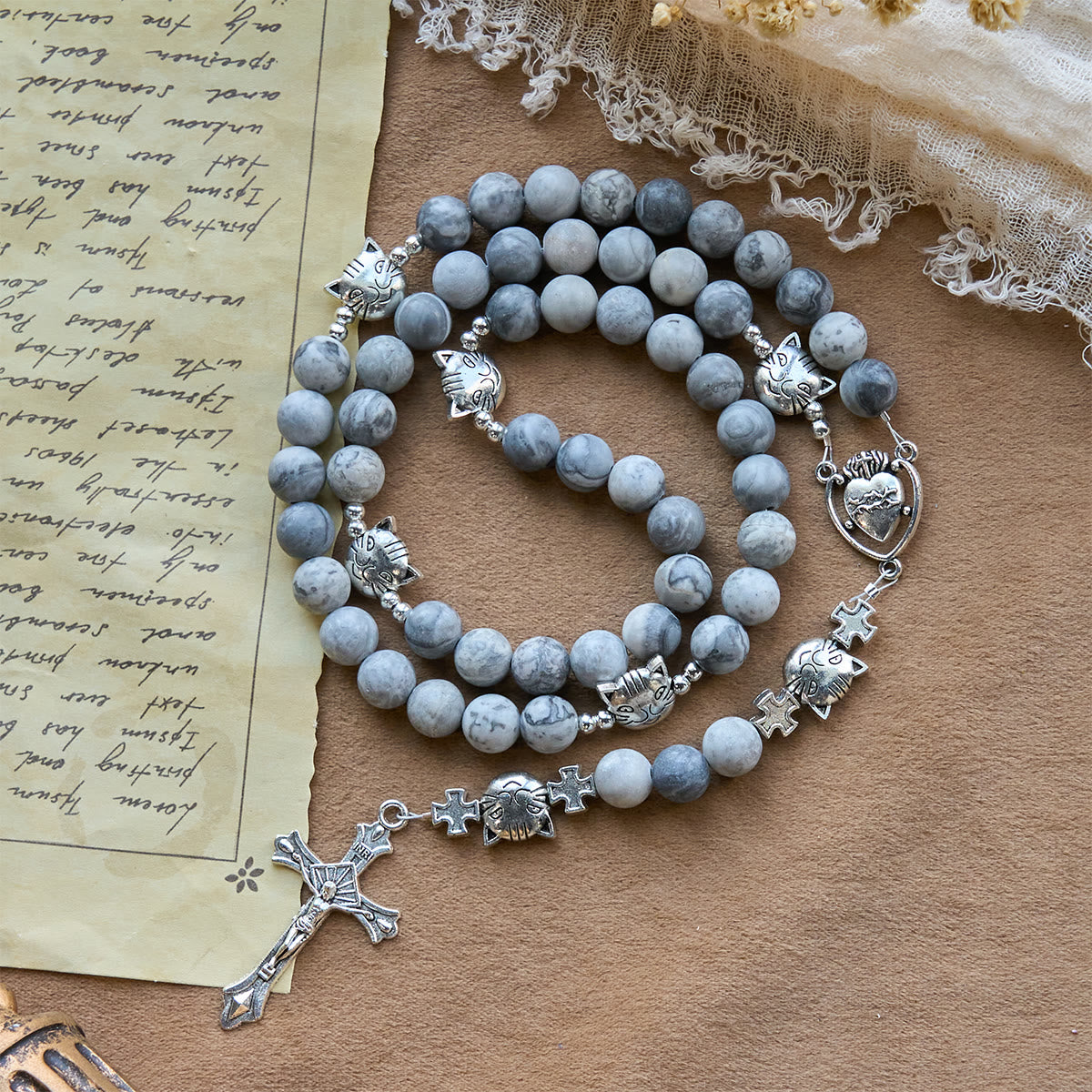 Light Grey Tabby Cat Prayer Rosary: Prayerful Care for Stray Cats Bracelet, Animal Rosary