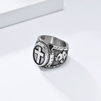 Metallic Cross Ring with Praying Hands Detail: Spiritual Fashion Pick