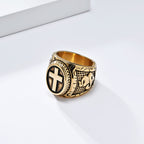 Metallic Cross Ring with Praying Hands Detail: Spiritual Fashion Pick