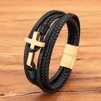 Tri - Color Stainless Steel Cross & Braided Leather Fashion Bracelet