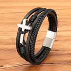 Tri - Color Stainless Steel Cross & Braided Leather Fashion Bracelet