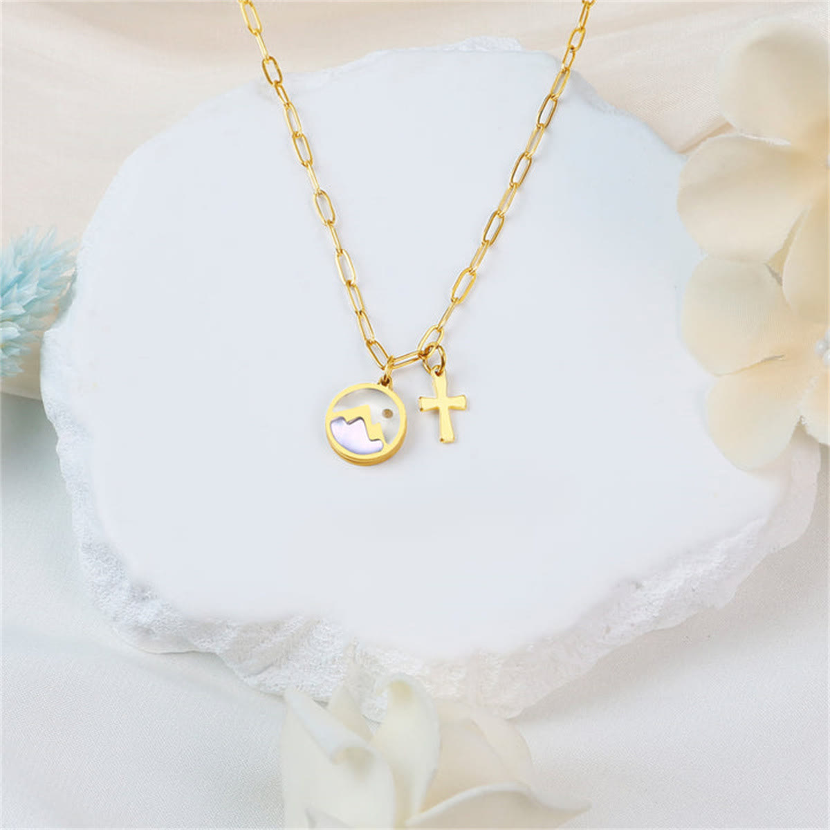 Golden Cross, Mountain & Mustard Seed Pendant Necklace: Faith Meets Nature