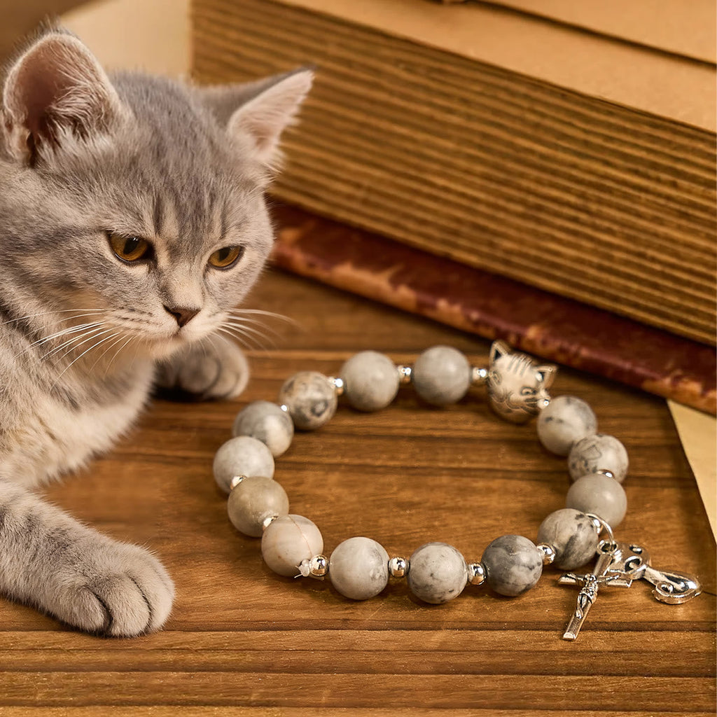 Gentle Guardian Light Grey Tabby Cat Prayer Animal Bracelet