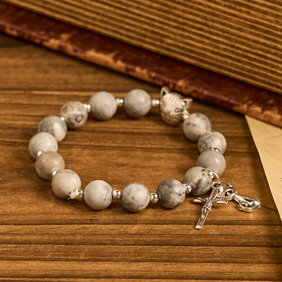Gentle Guardian Light Grey Tabby Cat Prayer Animal Bracelet