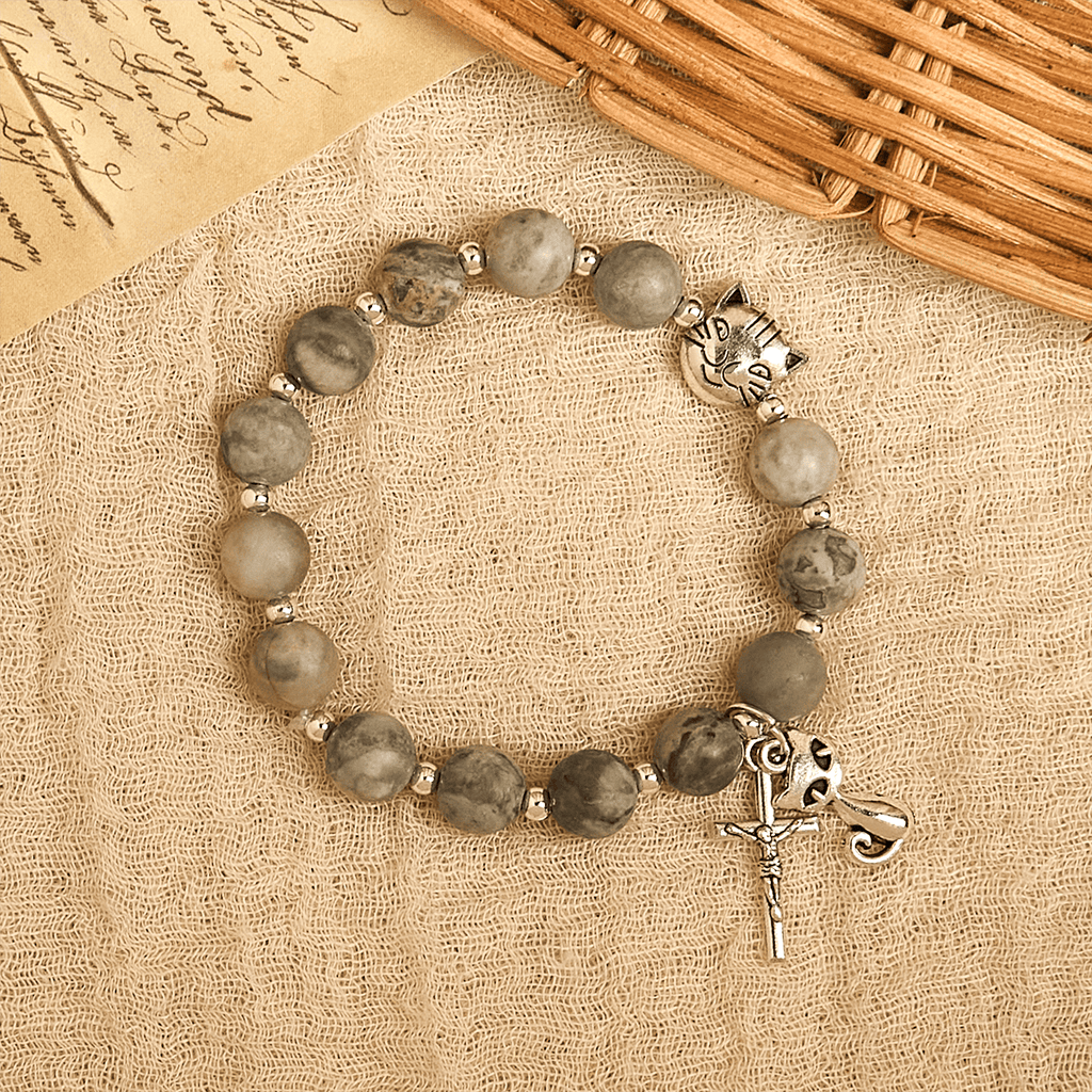 Gentle Guardian Light Grey Tabby Cat Prayer Animal Bracelet