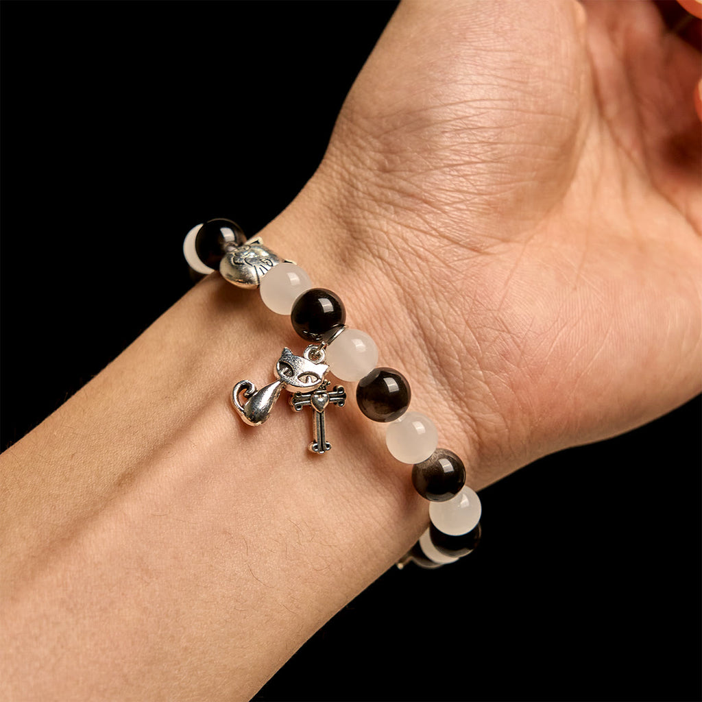 Our Lady's Blessing with Black & White Cow Cat Beads Animal Bracelet