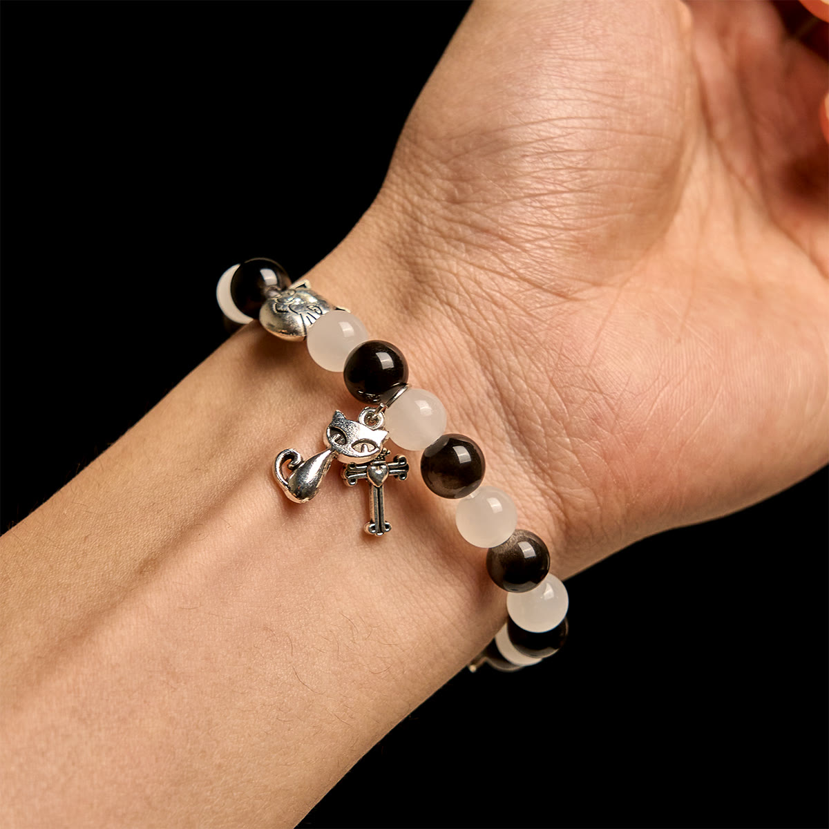 Our Lady's Blessing with Black & White Cow Cat Beads Bracelet, Animal Rosary