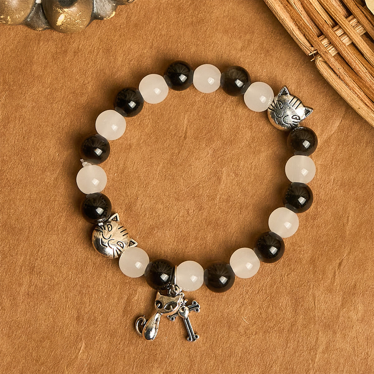 Our Lady's Blessing with Black & White Cow Cat Beads Animal Bracelet