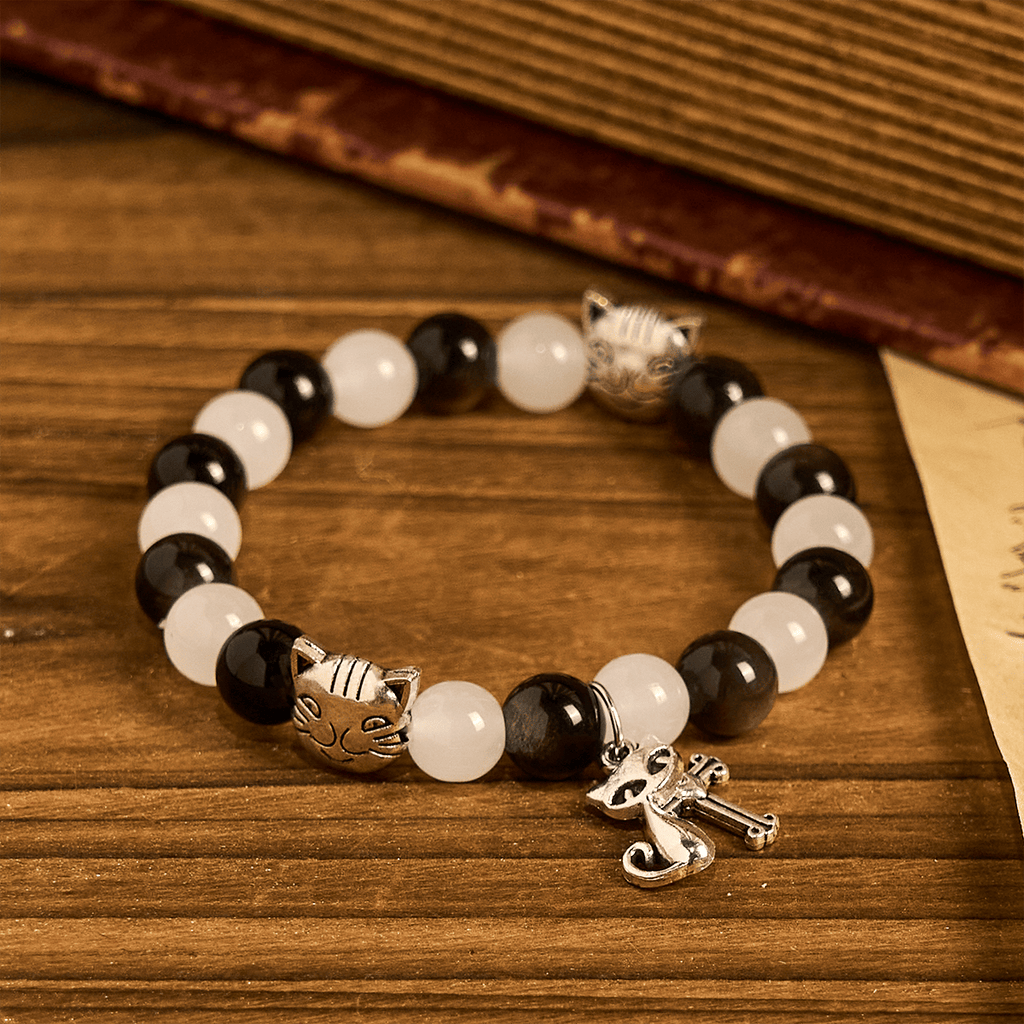 Our Lady's Blessing with Black & White Cow Cat Beads Bracelet, Animal Rosary