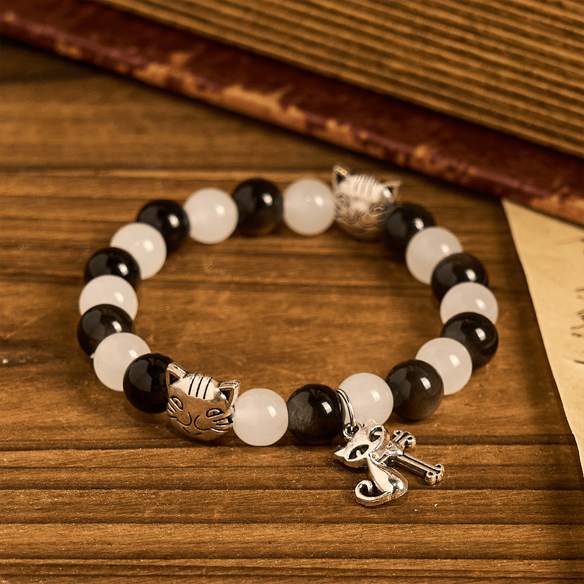 Our Lady's Blessing with Black & White Cow Cat Beads Bracelet, Animal Rosary