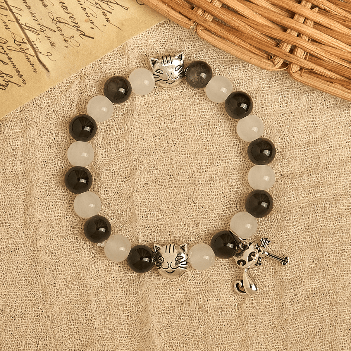 Our Lady's Blessing with Black & White Cow Cat Beads Animal Bracelet