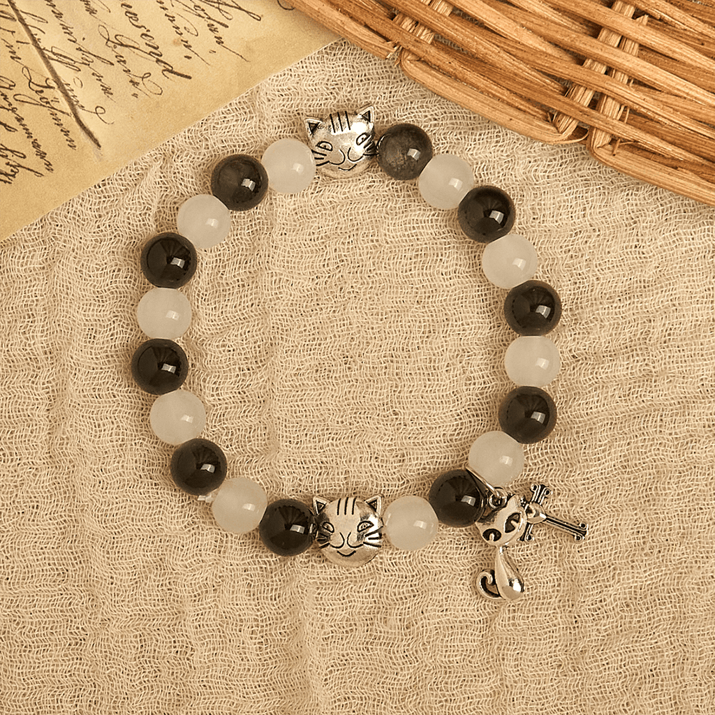 Our Lady's Blessing with Black & White Cow Cat Beads Bracelet, Animal Rosary