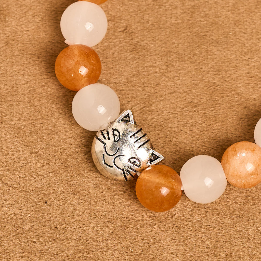 Orange & White Quartz with Cat Face Stainless Steel Charms of Orange Tabby Bracelet, Animal Rosary