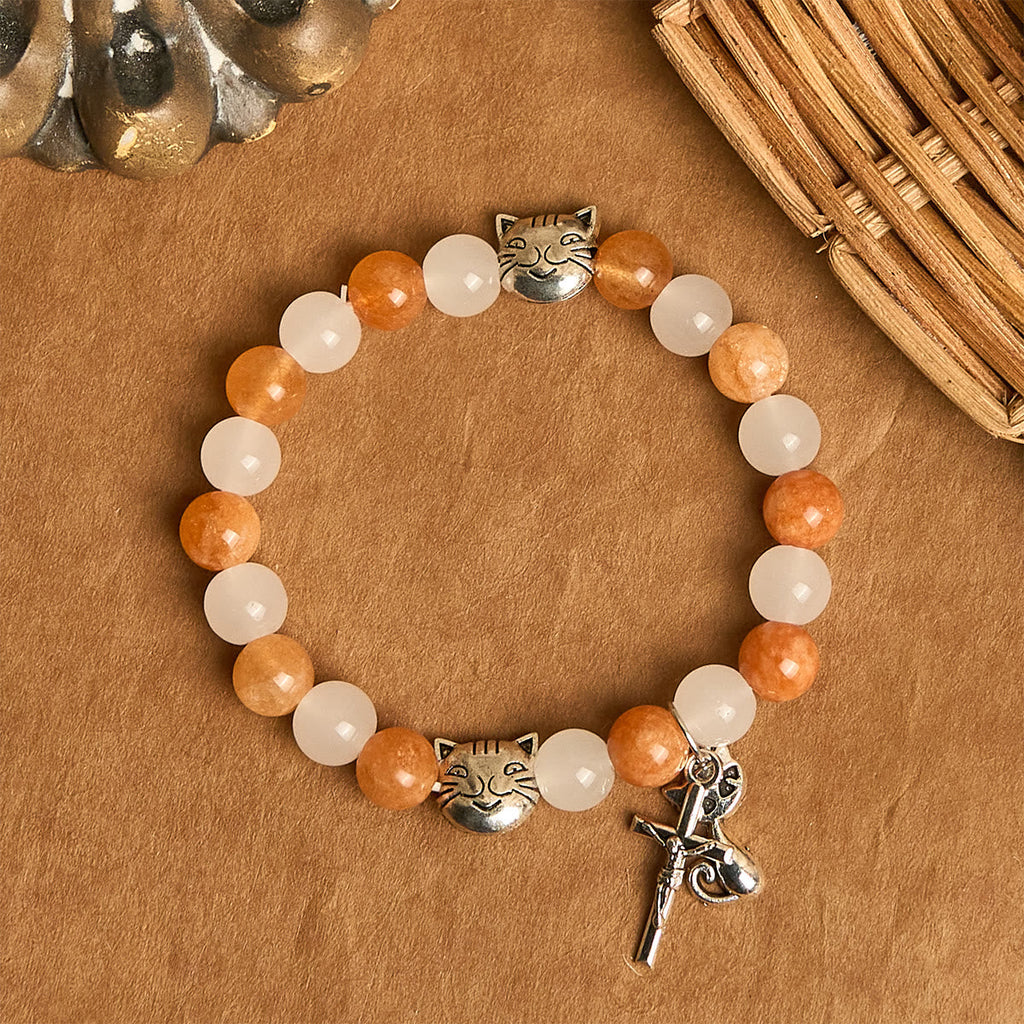 Orange & White Quartz with Cat Face Stainless Steel Charms of Orange Tabby Bracelet, Animal Rosary