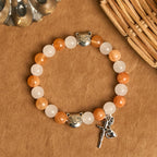 Orange & White Quartz with Cat Face Stainless Steel Charms of Orange Tabby Bracelet, Animal Rosary