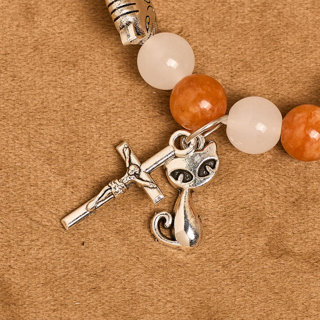 Orange & White Quartz with Cat Face Stainless Steel Charms of Orange Tabby Animal Bracelet