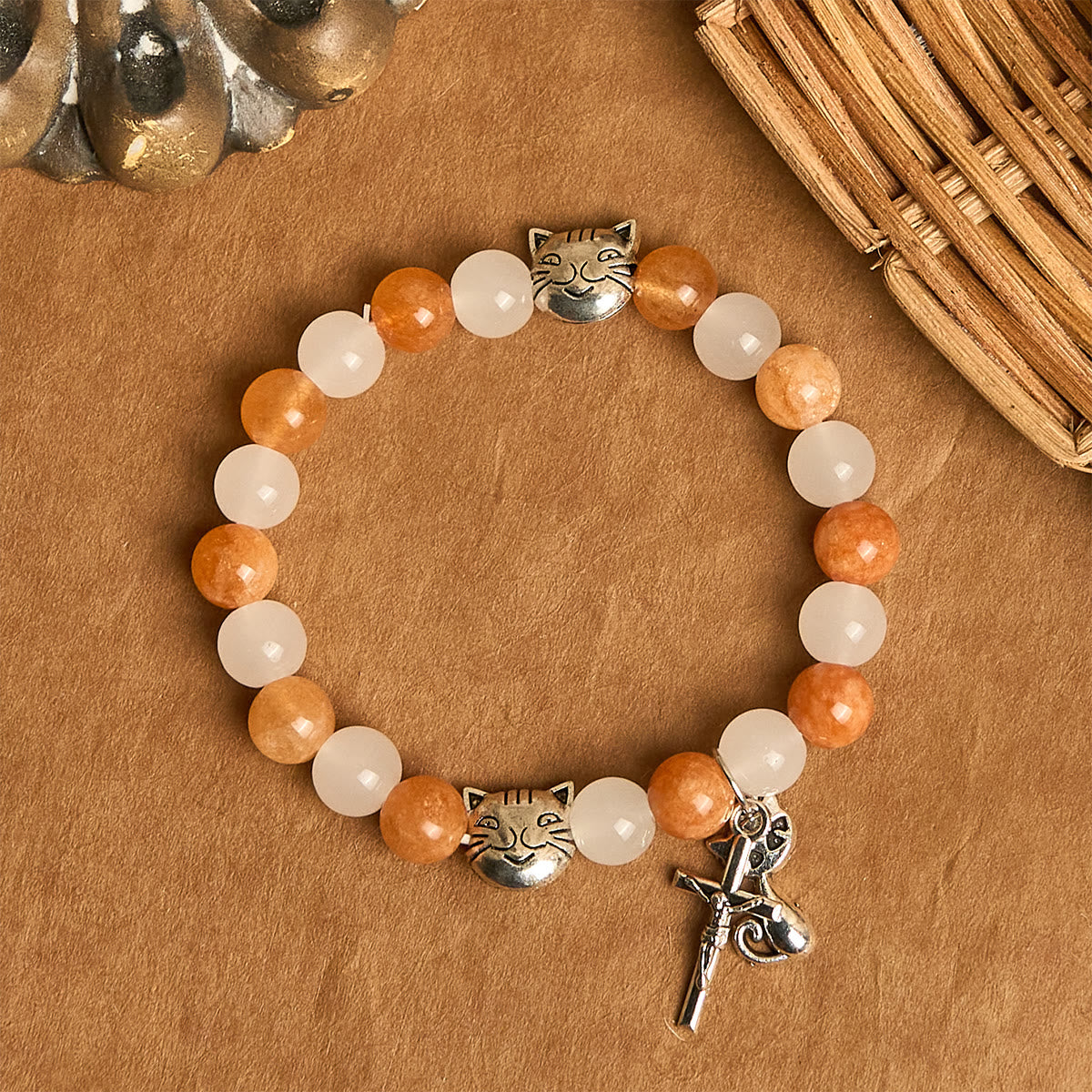Orange & White Quartz with Cat Face Stainless Steel Charms of Orange Tabby Animal Bracelet