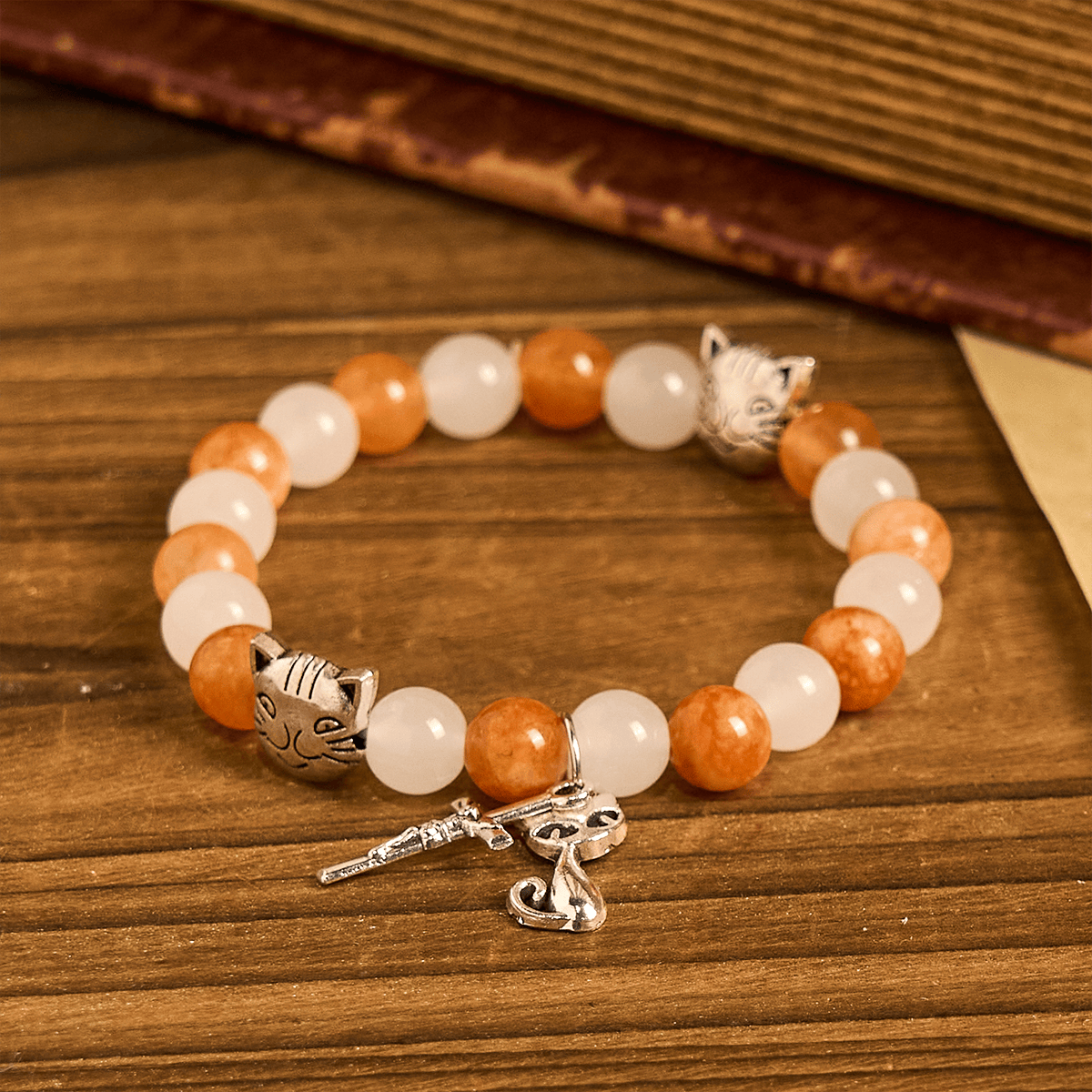Orange & White Quartz with Cat Face Stainless Steel Charms of Orange Tabby Bracelet, Animal Rosary