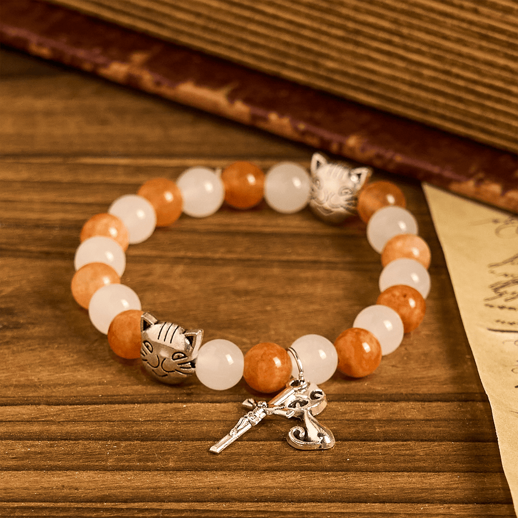 Orange & White Quartz with Cat Face Stainless Steel Charms of Orange Tabby Bracelet, Animal Rosary