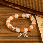 Orange & White Quartz with Cat Face Stainless Steel Charms of Orange Tabby Bracelet, Animal Rosary