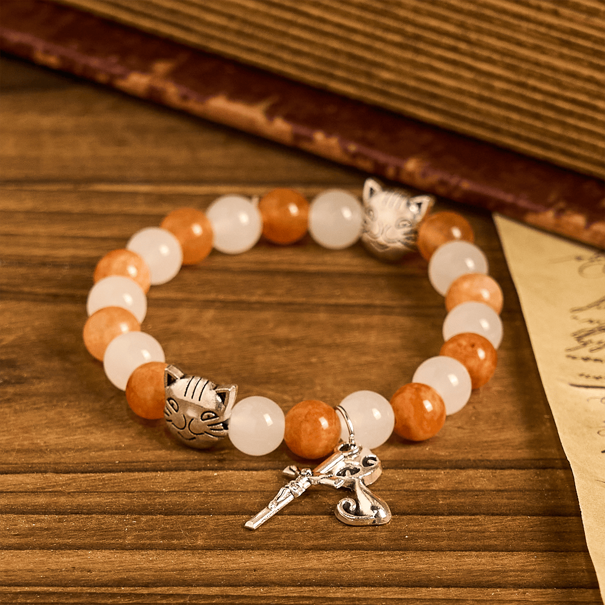 Orange & White Quartz with Cat Face Stainless Steel Charms of Orange Tabby Bracelet, Animal Rosary