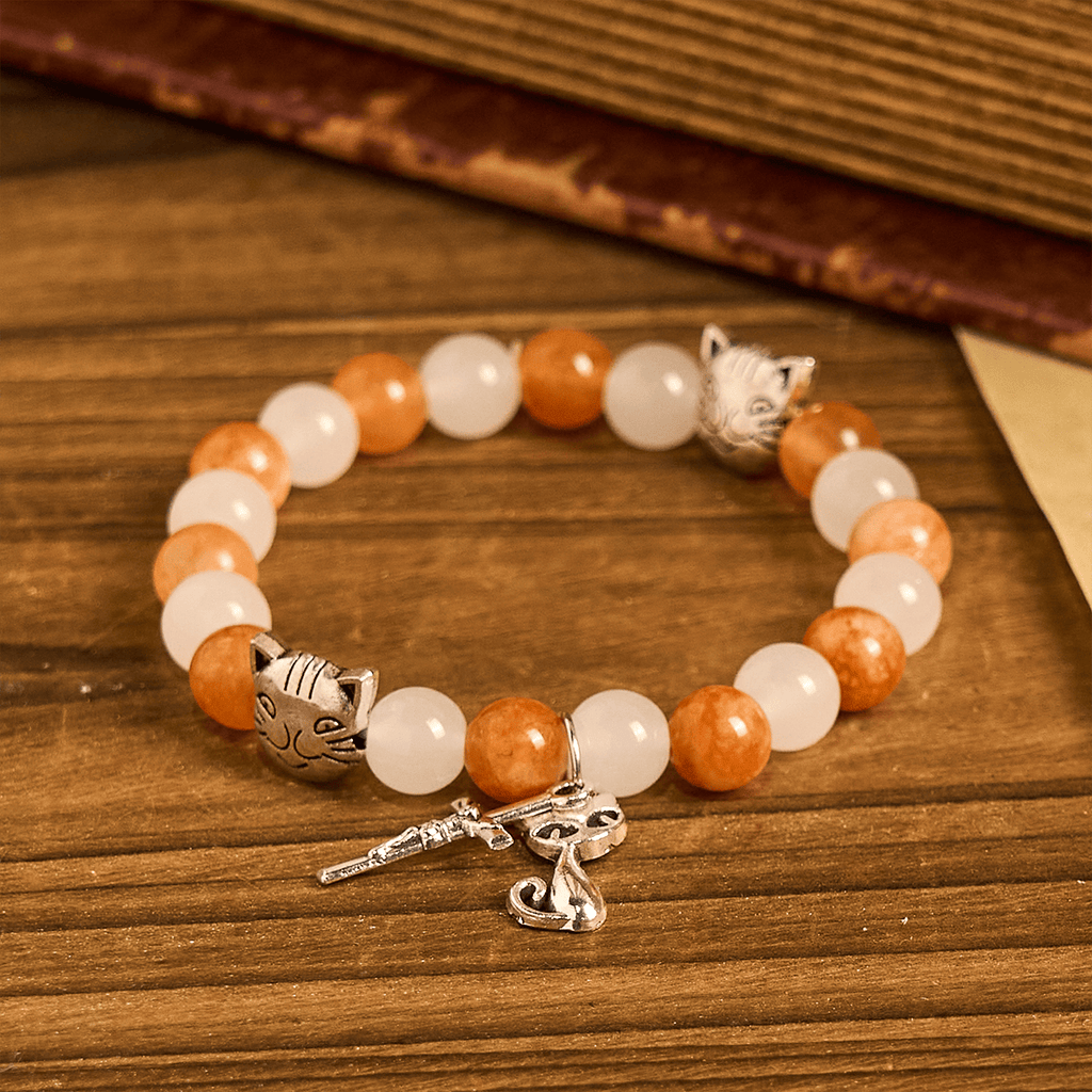 Orange & White Quartz with Cat Face Stainless Steel Charms of Orange Tabby Animal Bracelet