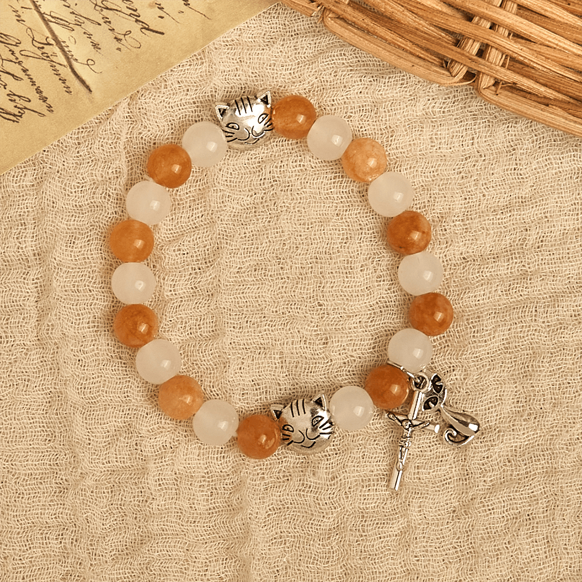 Orange & White Quartz with Cat Face Stainless Steel Charms of Orange Tabby Bracelet, Animal Rosary