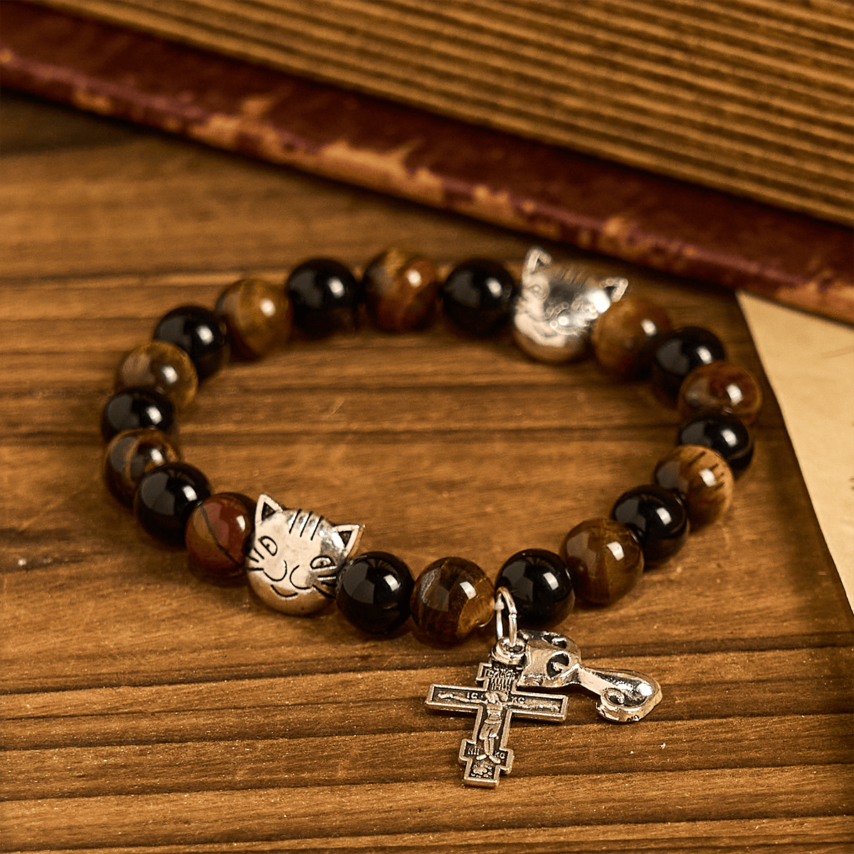 Faithful Tabby Cat with Brown Black Beads for Loving Prayer Animal Bracelet
