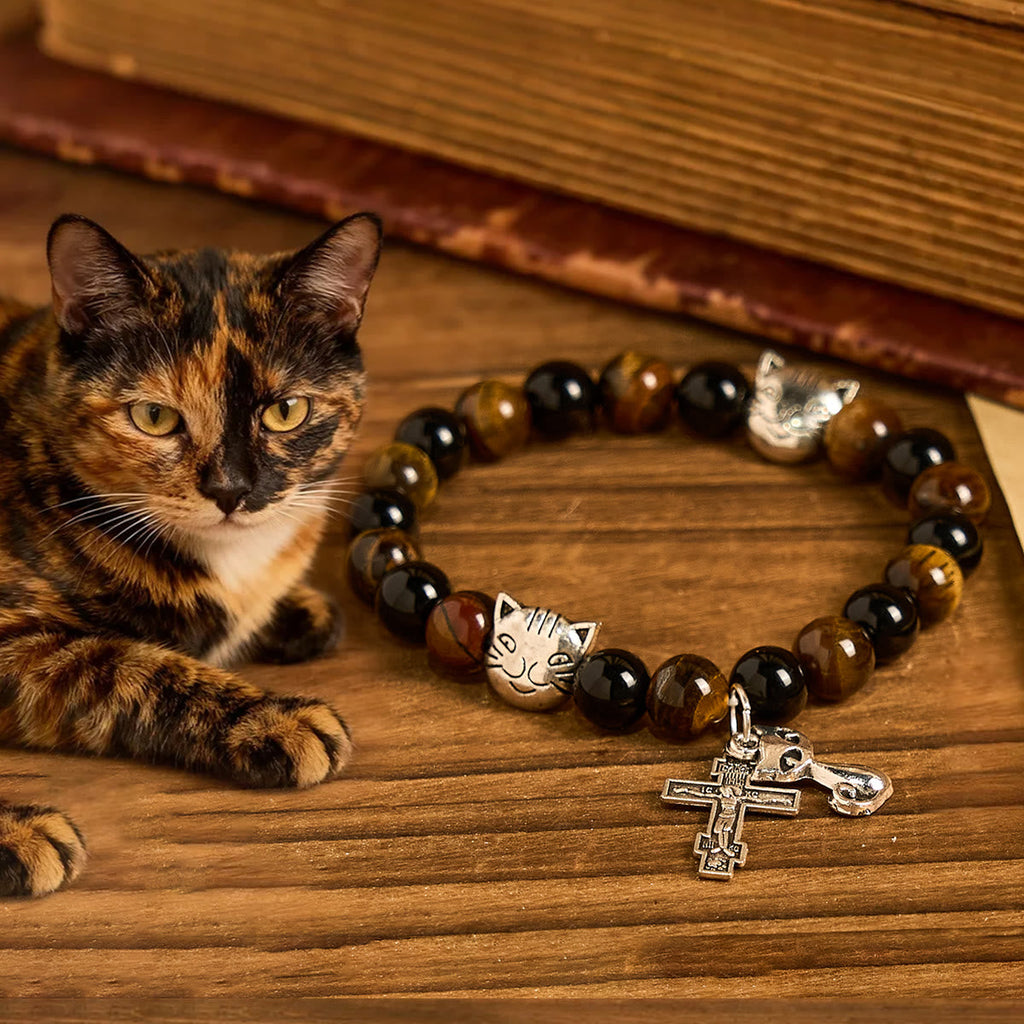 Faithful Tabby Cat with Brown Black Beads for Loving Prayer Animal Bracelet