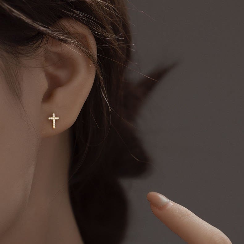 Minimal Quiet Shine S925 Faith Cross Earrings in Dual Color VIP