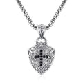 Ornate Shield - Shaped Crucifix Necklace with Black Zircons Inlays