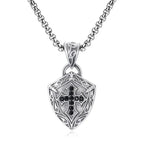 Ornate Shield - Shaped Crucifix Necklace with Black Zircons Inlays